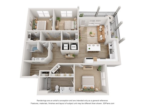 Floor plan for 3 beds, 2 baths, 1385 sqft